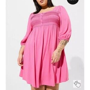 Torrid Women's Mini Rayon Slub Pintuck Neck Dress Skater Pink Size 1X Femenine